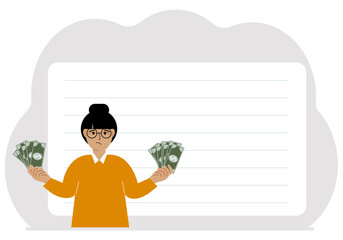 A woman with banknotes in both hands. The concept of wealth. Vector flat illustration