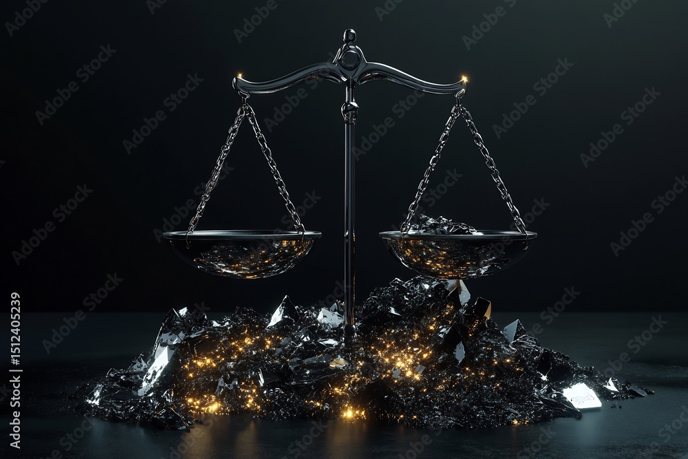 Poster algorithmic bias visualized unbalanced glowing scales in a fragmented codebase