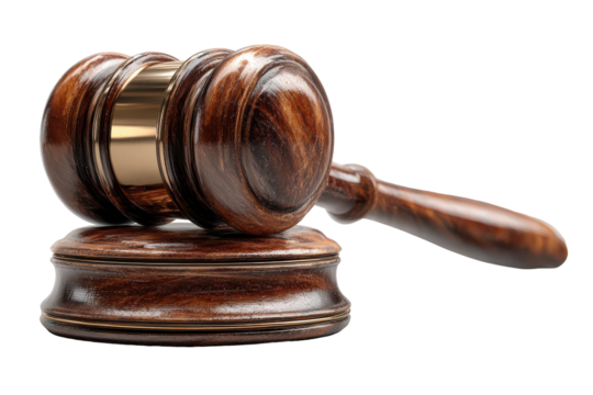 Legal authority in action with judge’s gavel symbolizing courtroom justice, isolated on transparent background
