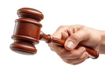 Hand poised with gavel in legal order moment ideal for judicial representation, isolated on transparent background