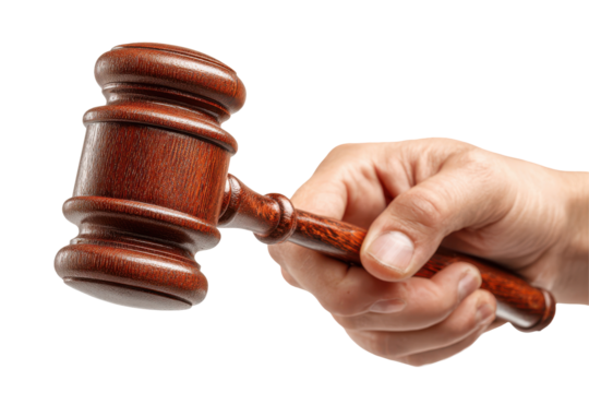 Hand poised with gavel in legal order moment ideal for judicial representation, isolated on transparent background
