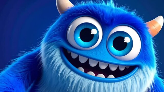Close-up of a friendly, furry, cartoon blue monster with large, expressive eyes and a wide, toothy grin