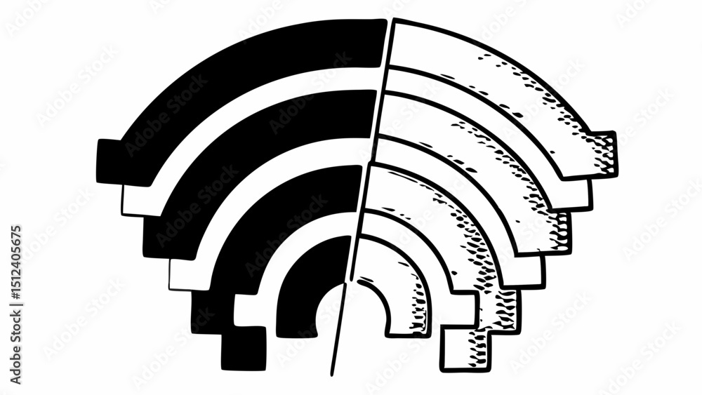 Poster black and white concentric quarter circle shapes split on a vertical line with different textures cr
