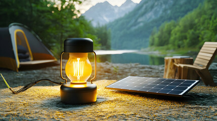 Camping Scene With Solar Panel And Lantern