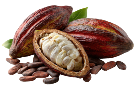 Whole and halved cocoa pods with raw beans symbolizing chocolate origin and exotic fruit, isolated on transparent background
