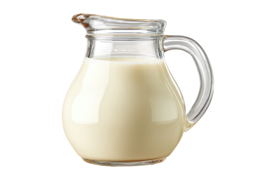 Transparent jug of milk for breakfast table representing natural dairy beverages, isolated on transparent background
