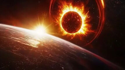 Detailed slow motion capture of a spherical fireball bursting outward in sharp contrast to the black backdrop
