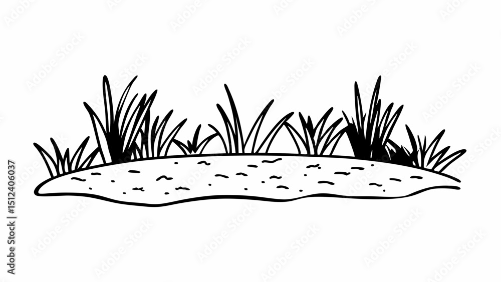 Poster illustration of a patch of grass with soil showing, drawn in a simple black and white style created 