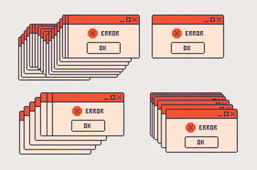 Windows browser interface pixel art set. Login, error frame collection. 8 bit. Game development, mobile app. Isolated vector illustration.