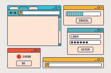Windows browser interface pixel art set. Login, error frame collection. 8 bit. Game development, mobile app. Isolated vector illustration.