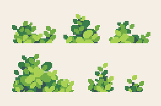 Backyard bushes pixel art icon set. Tropical shrub, logo collection. 8-bit sprite. Game development, mobile app. Isolated vector illustration.