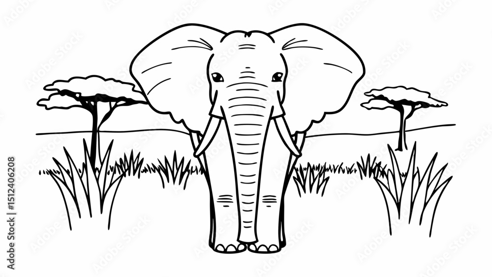 Poster illustration of an elephant standing in a field with trees on a white background in black and white 