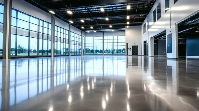 A wide-angle view of a contemporary warehouse-style factory with a vacant, expansive floor. The sleek concrete floors are spotless, and tall windows provide views of the surroundin