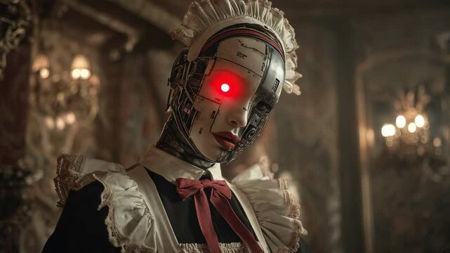Zoom-in shots of eerie maid robots with red glowing eyes in an abandoned mansion