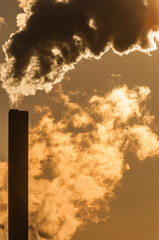 Majestic smoke stack towers above the landscape in Sweden as clouds of smoke billow into the evening sky