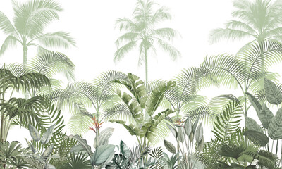 Botanical Paradise Wall Mural: Lush Green Palm Trees & Wild Plants Background © csinie1