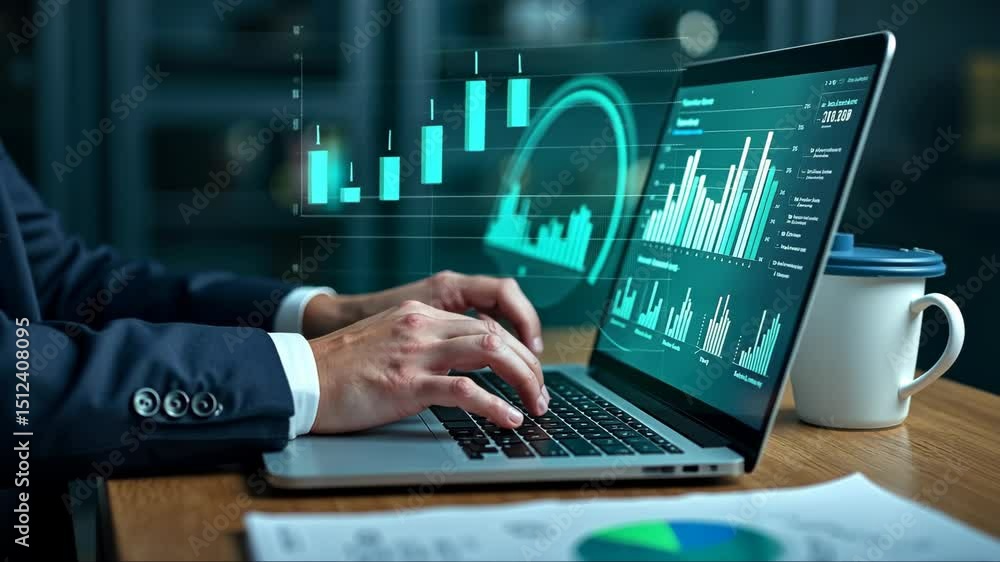 Poster a person in a business suit working on a laptop with virtual icons related to key performance indica