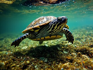 Fototapeta premium Striped Musk Turtle in River - Wildlife Photography