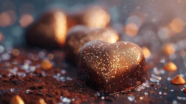 Chocolate heart with gold sparkles on valentine's day