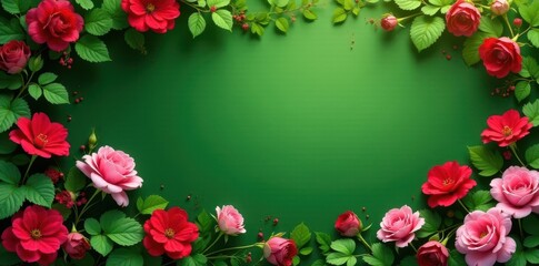 Lush green foliage with bright red geraniums, pink roses border , plants, summertime