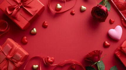 A top-down, eye-level photo on a solid red surface displays a collection of Valentine's Day-themed items arranged around a central empty space. In the upper left corner, a square red gift box is toppe