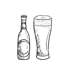 Beer glass with foam and bottle in black brush stroke texture isolated on white. Hand drawn vector sketch illustration in vintage charcoal ink. Bar menu, beverages.