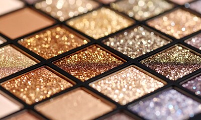 Fototapeta premium Close-Up of Shimmering Glitter Eyeshadow Palette with Rich Metallic Pigments – Luxury Makeup Product with Sparkling Texture for Beauty and Cosmetic Design