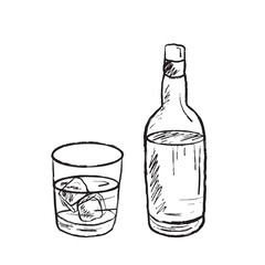 Whiskey bottle with glass and ice in black brush stroke texture isolated on white. Hand drawn vector sketch illustration in vintage charcoal ink. Pub menu, bar concept, alcohol drink.
