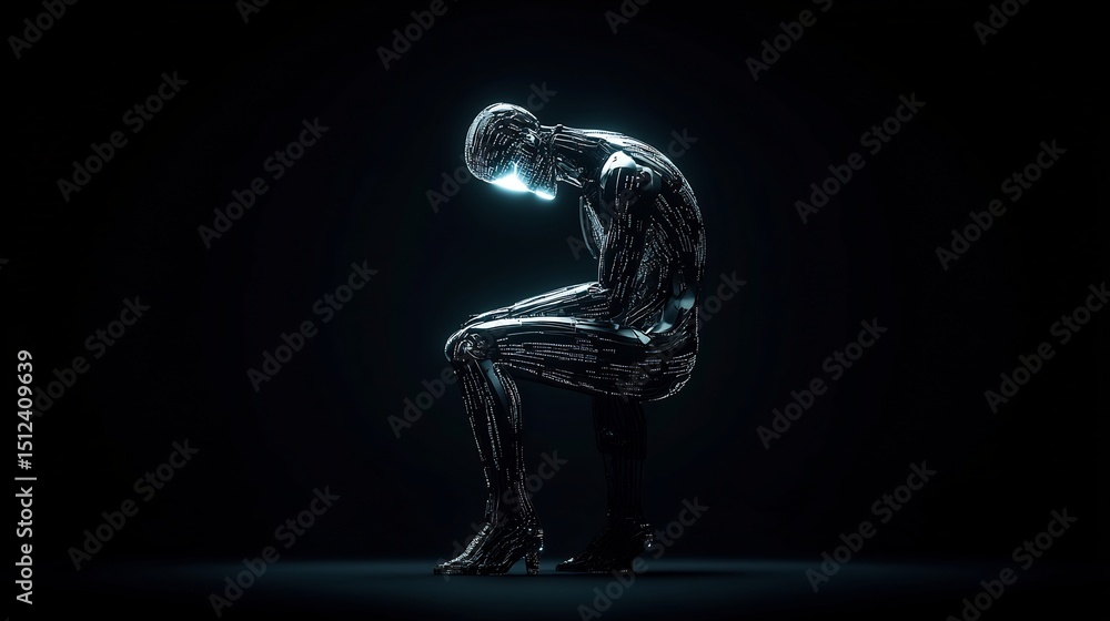 Poster artificial empathy portrayed robot faces leaking glowing tears of code