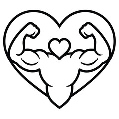 Strong Heart with Flexing Arms Outline Icon Set Representing Health Fitness and Empowerment in a Modern Graphic Style Design