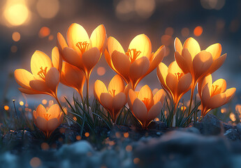 Glowing Crocus Flowers at Dusk A Magical Spring Scene