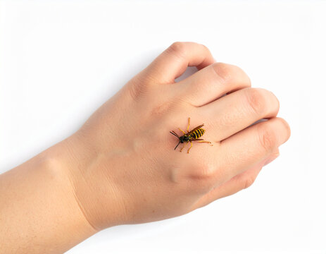 Una mano con la picadura de una avispa o insecto sobre fondo blanco