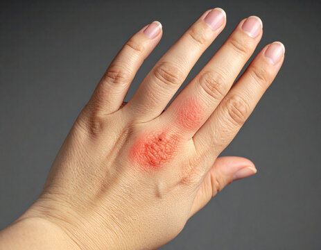 Una mano con la picadura de avispa o insecto con reacci&oacute;n al&eacute;rgica y enrojecimiento sobre fondo blanco