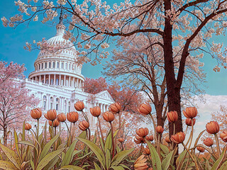 United States capital dome with blossoming trees and tulip flowers