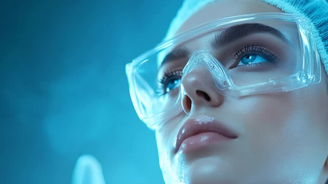 A detailed shot of the aesthetician preparing the carbon peeling treatment by adjusting settings on a high-tech laser machine, while the woman&rsquo;s face glows with the initial layer o