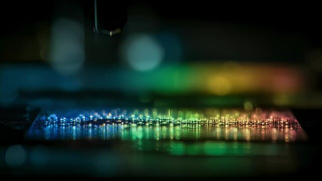 Scientific experiment showing colorful light dispersions from an led interacting with labeled droplets on a chip, illustrating the role of light in monitoring single cell droplet analysis