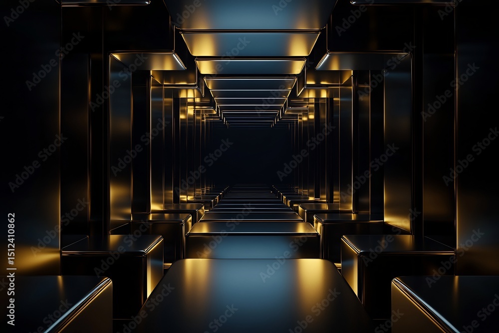 Poster blockchain architecture visualized golden blocks orbiting a digital nucleus