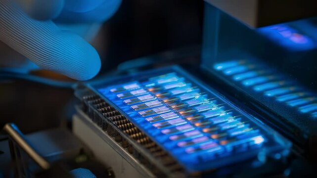 Manufacturing process showcasing alignment and transfer of microled chips onto flexible surface, highlighting precision and advanced technology in electronics production