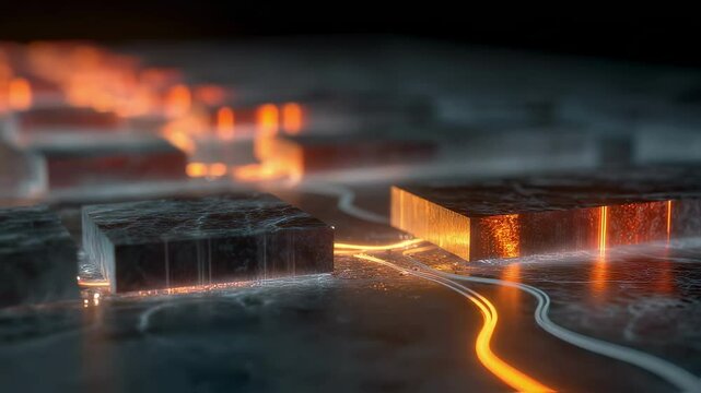 Orange electrical current flows through a series of metallic cubes on a dark surface, generating heat and light, creating a visually striking display of energy transmission