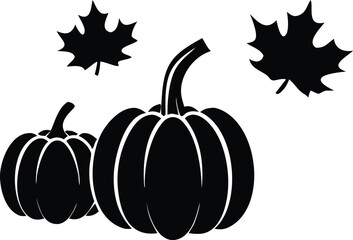 Autumnal Black And White Silhouette Two Pumpkins With Maple Leaves A Festive Harvest Celebration Symbolizing The Changing Seasons