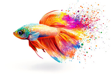 Fototapeta premium Vibrant goldfish swimming gracefully, surrounded by a splash of colorful paint in a white background