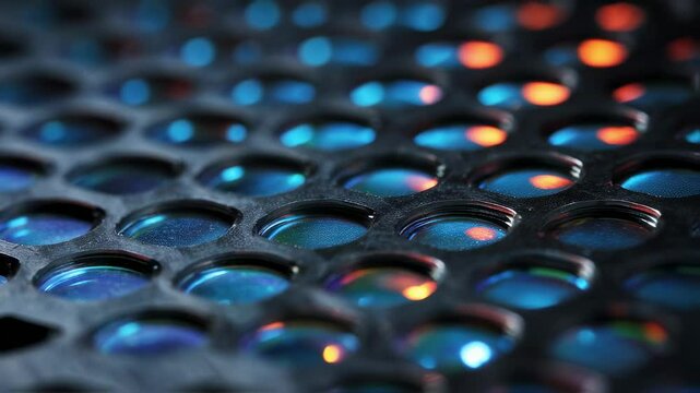 Microscopic view of fuel cell components being coated with a protective layer, enhancing efficiency and durability through advanced materials