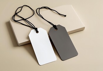 Customizable white and grey swing tags with black strings, perfect for branding, pricing, or product information.
