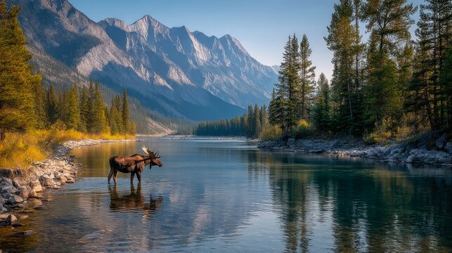 Majestic view of crystal-clear lake and Canadian Rockies in Banff National Park