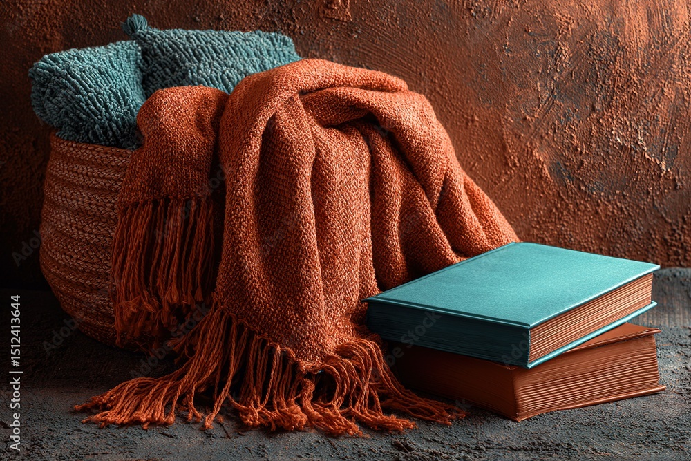 Poster cozy blankets and books create a warm atmosphere in a rustic indoor setting