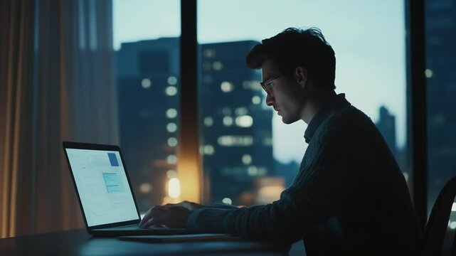 Focused professional working late on a laptop in a modern office with city view