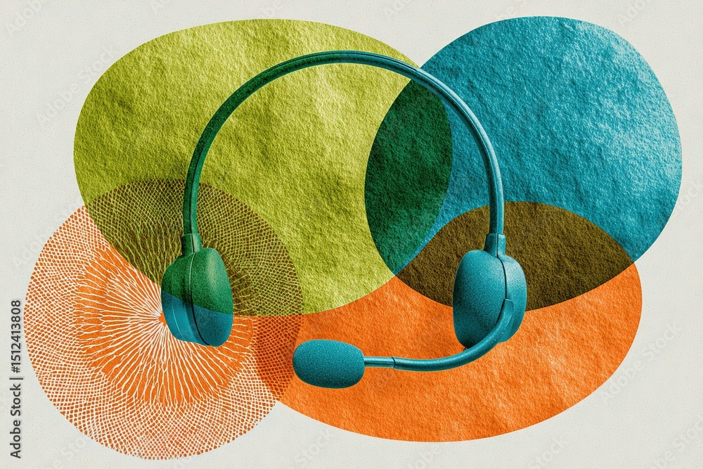 Poster creative representation of a headset surrounded by colorful abstract shapes on a light background