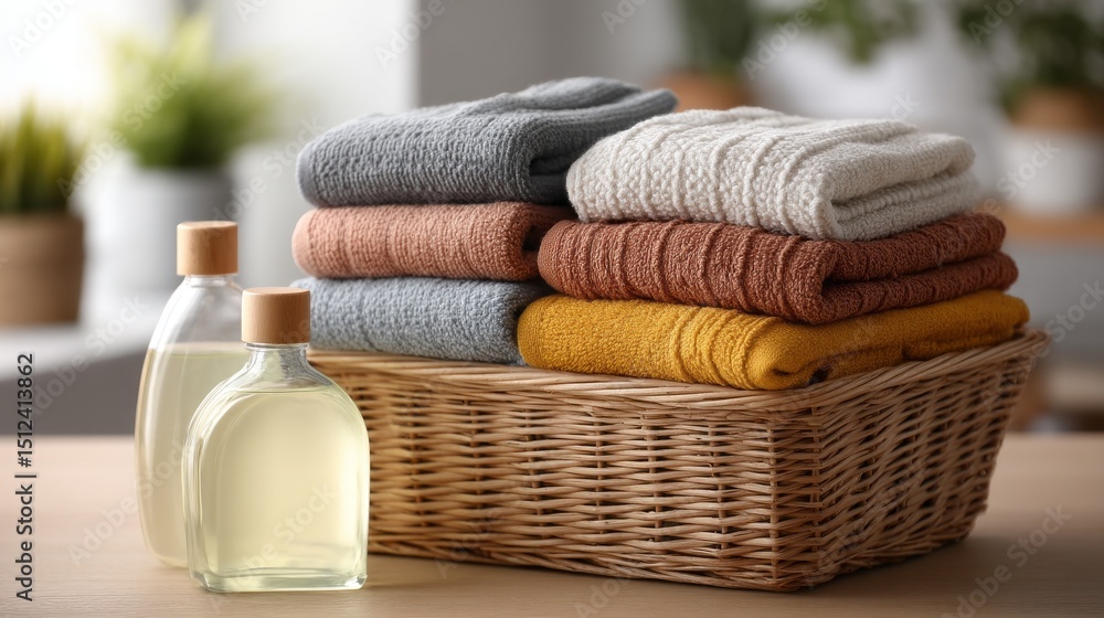 Poster a wicker basket is filled with an array of neatly folded towels in various colors, complemented by d