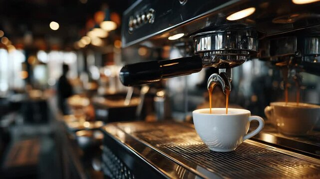 Close-Up of Espresso Machine Brewing Fresh Coffee in a Caf&eacute; Setting