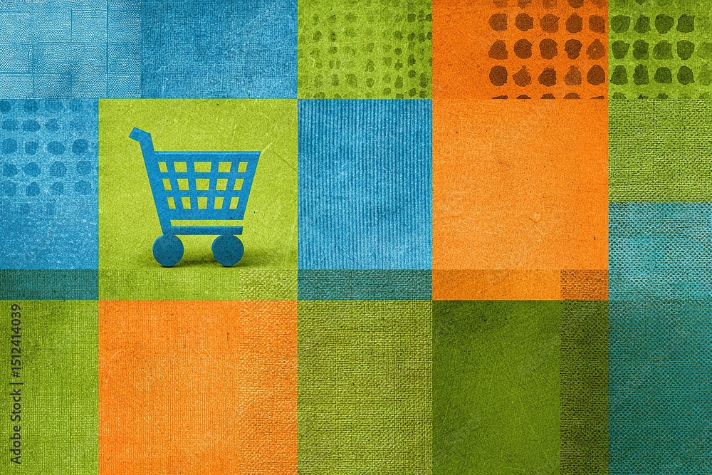 Poster colorful shopping cart design on textured background featuring various patterns and shades